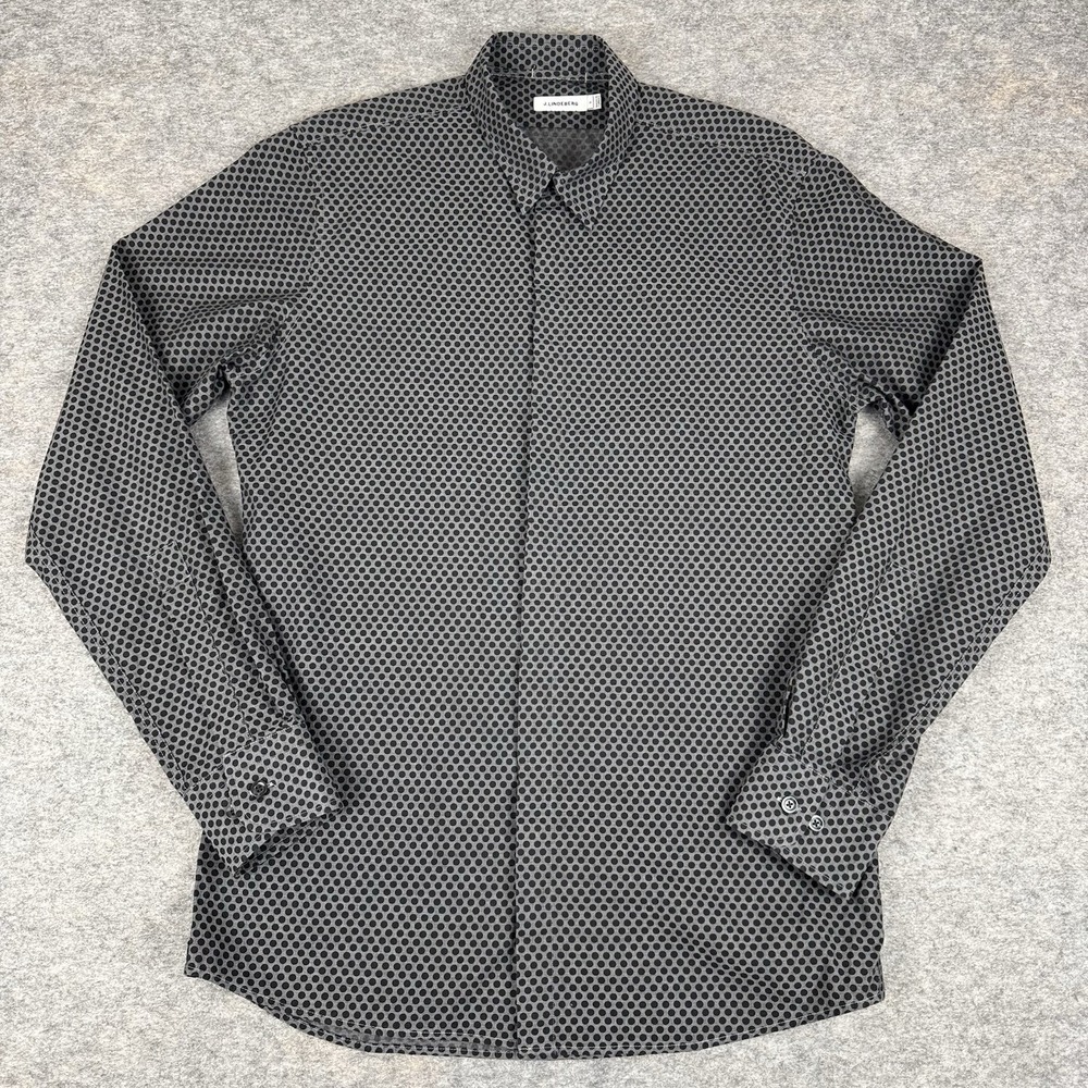 J. Lindeberg Button Up Shirt Long Sleeve Dots Black Gray Mens Small S